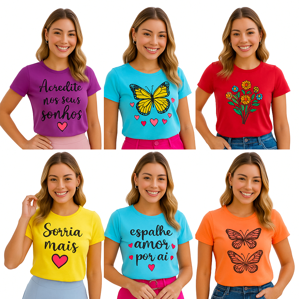 Kit Sortido 1 ou 3 T-shirt Feminina Blusa Feminina Camiseta Feminina Manga Curta Estampas Sortidas