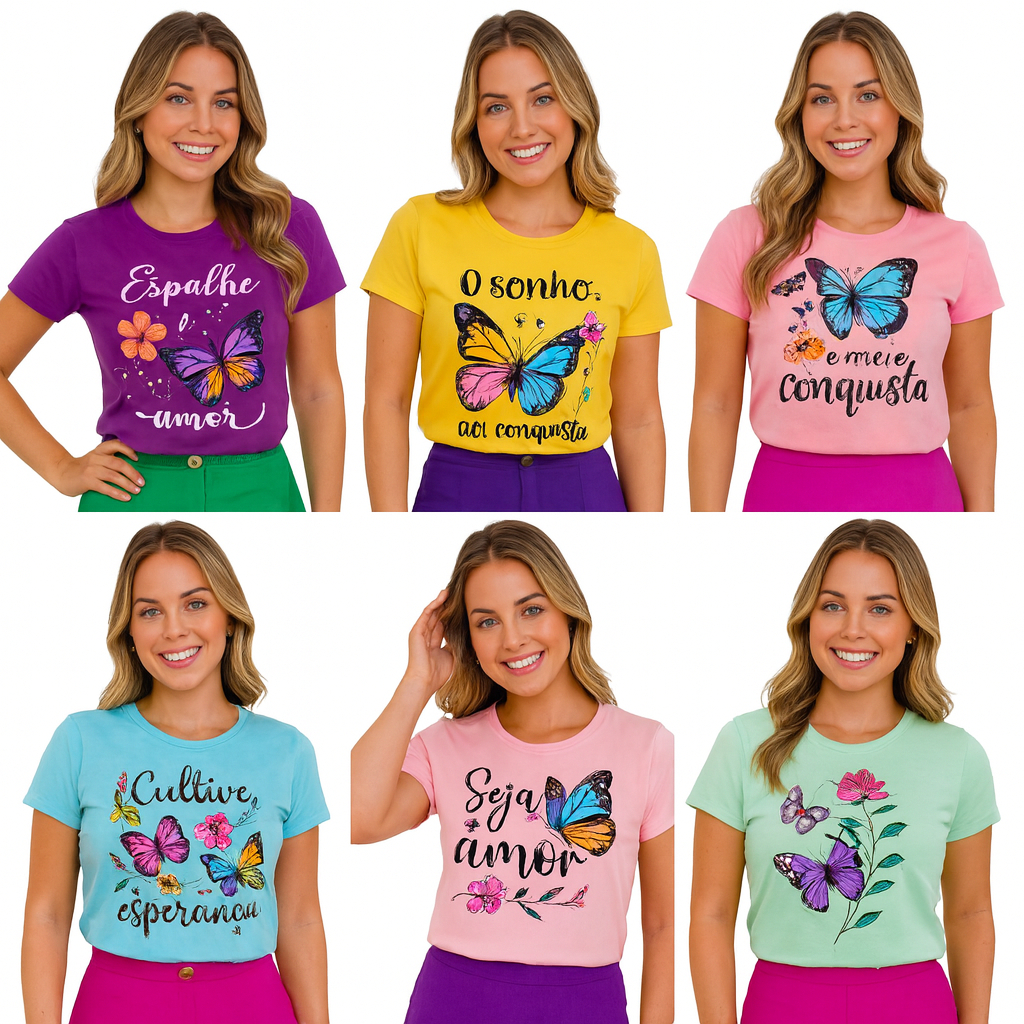 Kit Sortido 1 ou 5 Blusa Feminina Manga Curta Lisa Leve Fresquinha e Confortável
