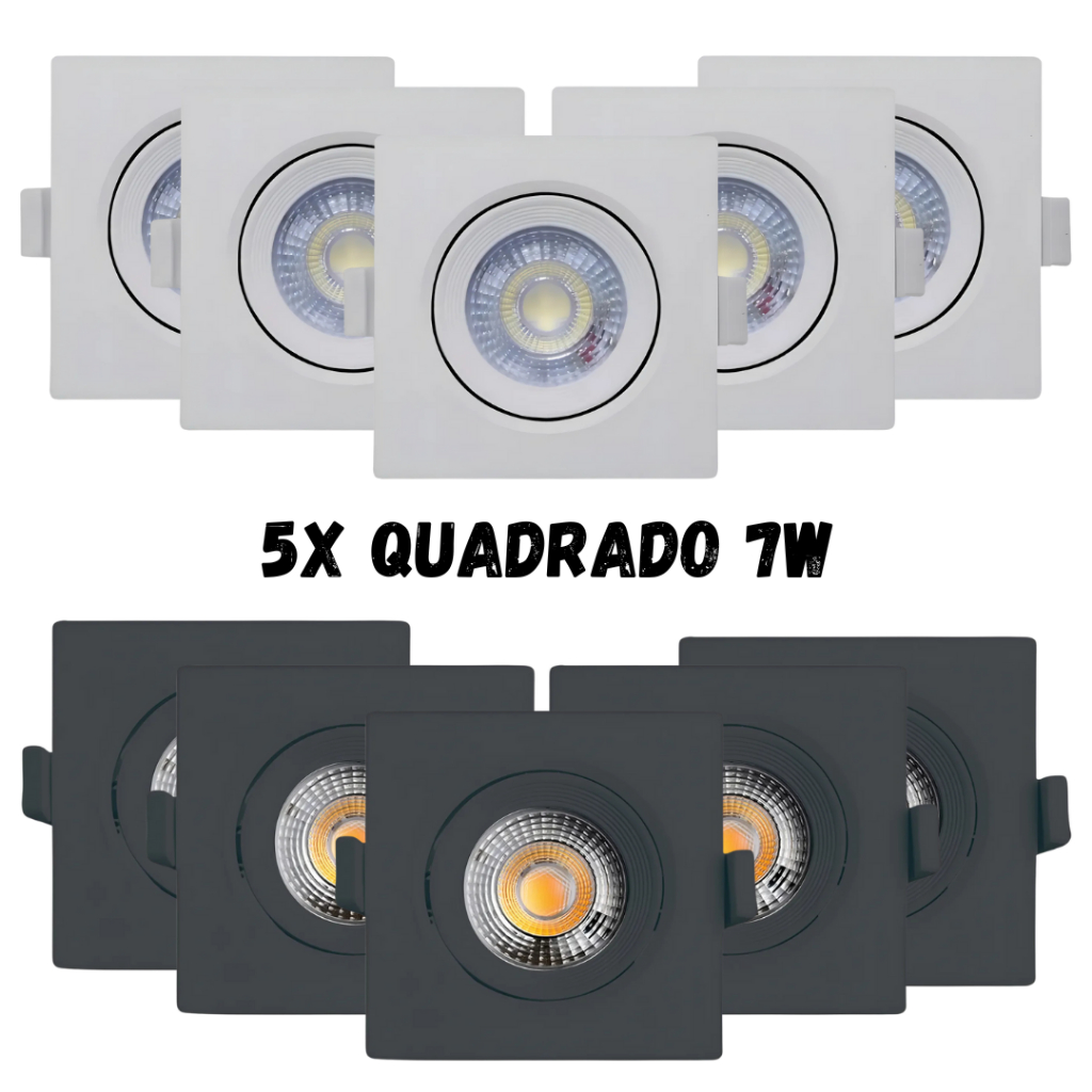 Kit 5X Spots de Embutir de Led Granfei 7W QUADRADO (Branco ou Preto / Quente, Neutro ou Frio)