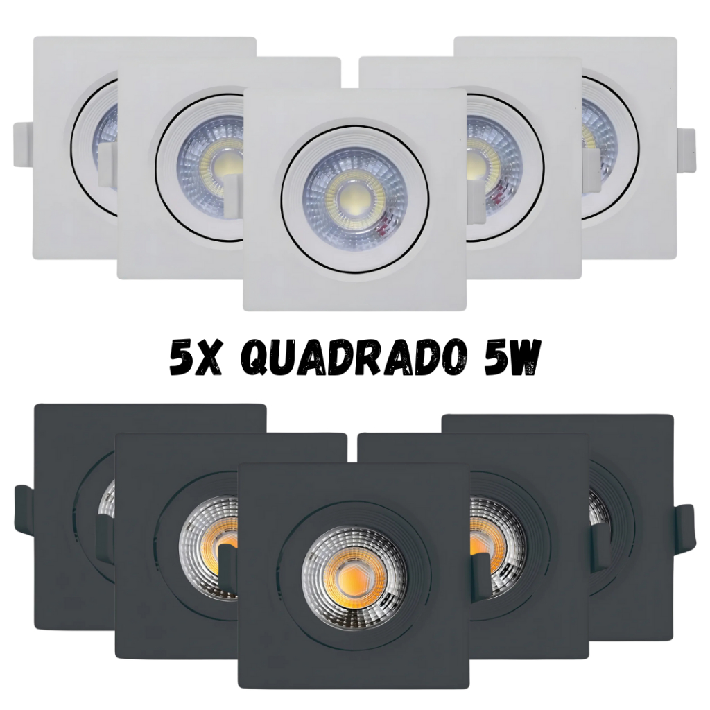 Kit 5X Spots de Embutir de Led Granfei 5W QUADRADO (Branco ou Preto / Quente, Neutro ou Frio)