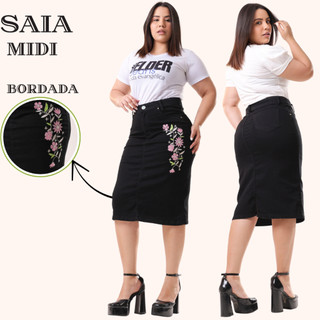 Saia Jeans Midi Evangelica Premium Com Bordado Em flores Rosa Cintura Alta com Lycra  Na Cor Preto
