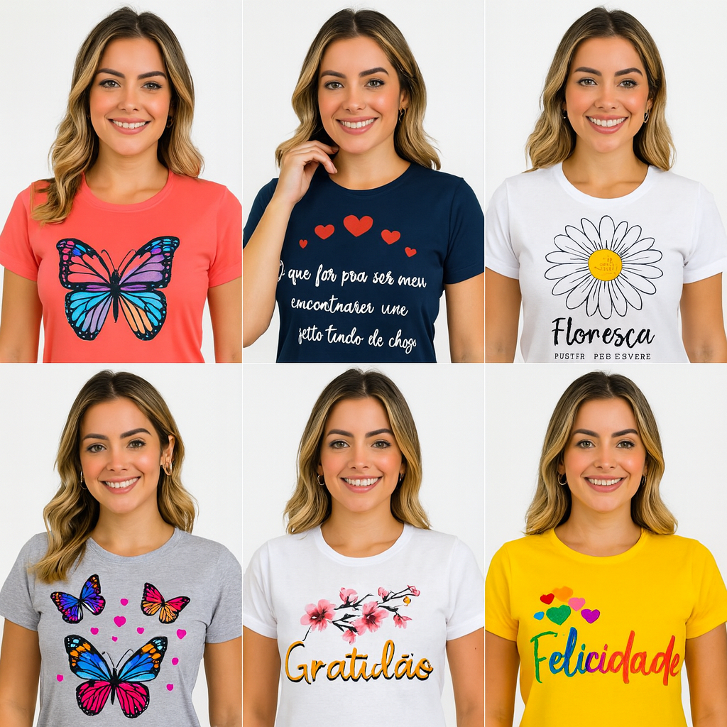 Kit Sortido 1 ou 5 Blusinha Feminina Camiseta Feminina Blusa Feminina Manga Curta Gola redonda Sortidas