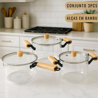 Jogo de Panelas de Vidro com Bambu Indução em Oferta na Shopee