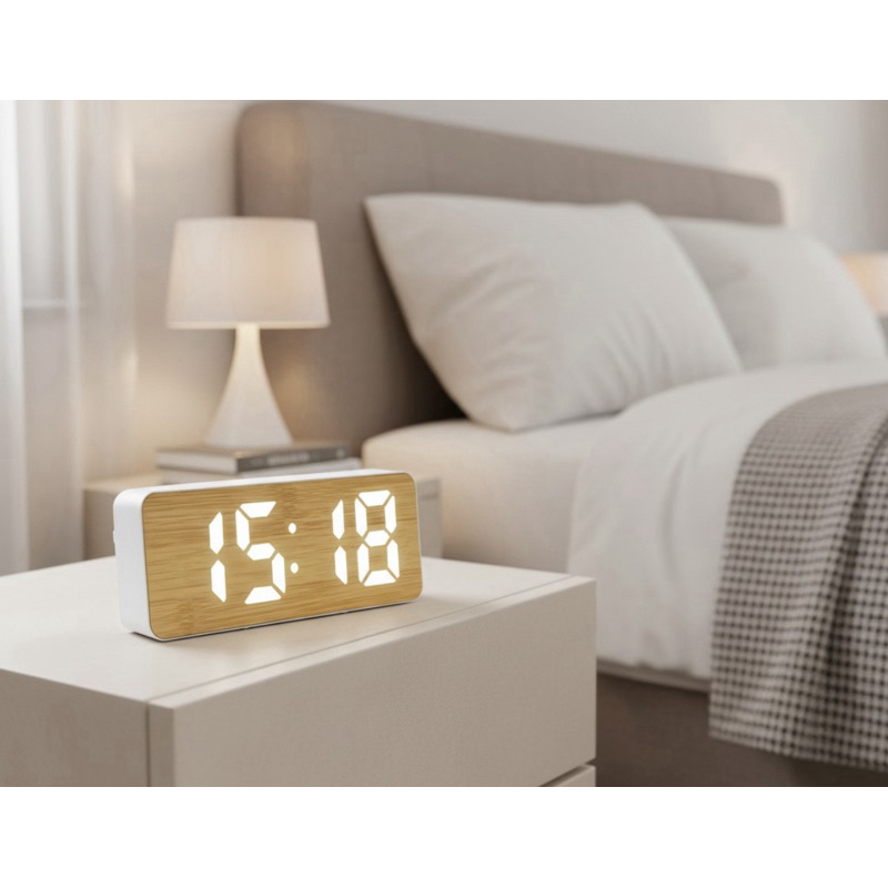 Rélogio Despertador Digital De Mesa Bambu Alarme Temeratura USB Decorativo