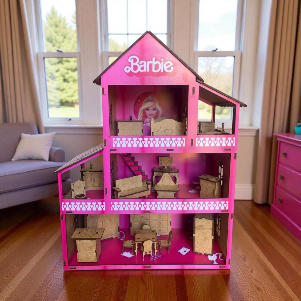 Casinha Casa De Boneca Com 21 Mini Moveis Mdf Adesivado 45cm em Oferta na Shopee