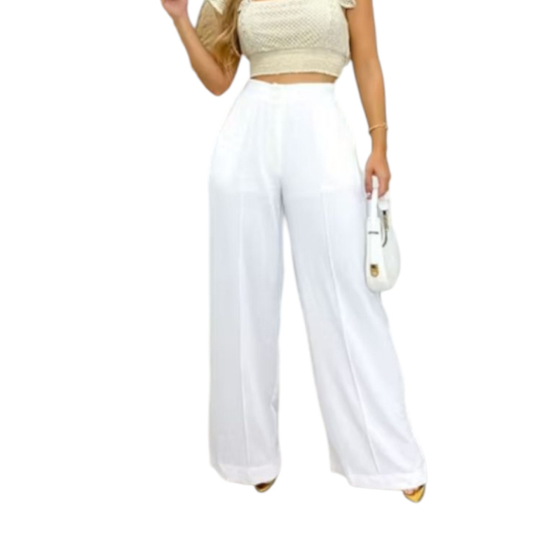 Calça Pantalona Feminina Duna Com Bolso Social Wide Leg Cintura Alta