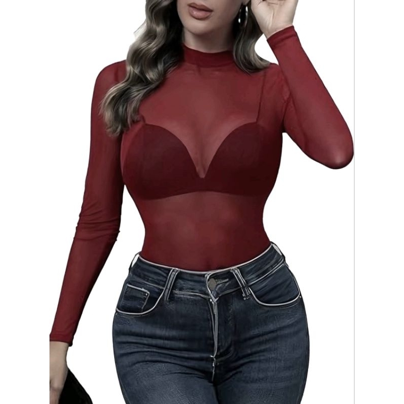 Body em Tule Vinho (Bordô/Marsala) – Manga Longa, Segunda Pele sofisticado e Elasticidade 4D – Tam Único PP ao M 34-38