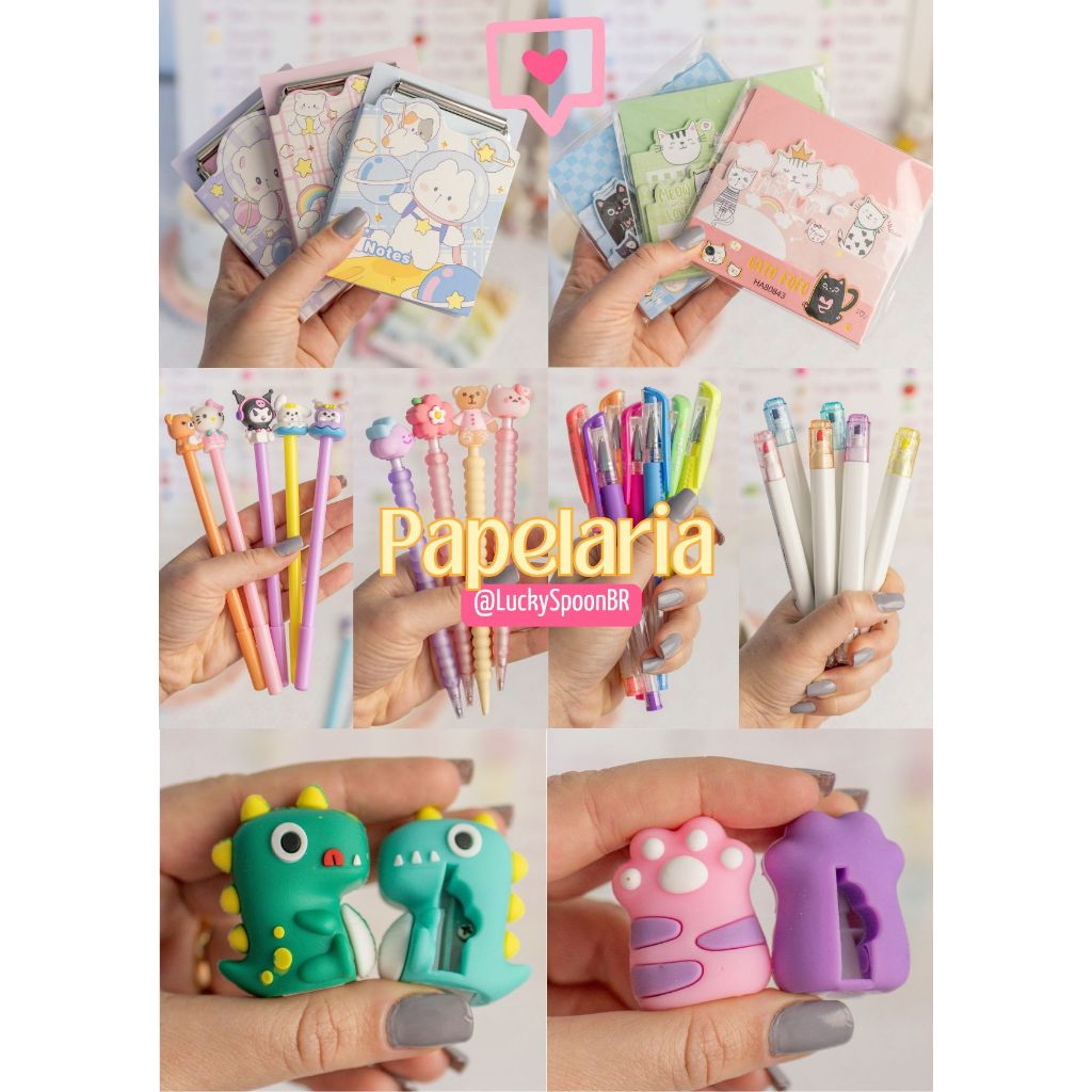 SÓ PAPELARIA | Kit Presente Surpresa LUCKY SPOON BRASIL - papelaria fofa: Cadernos, lapiseiras, adesivos, post it e +