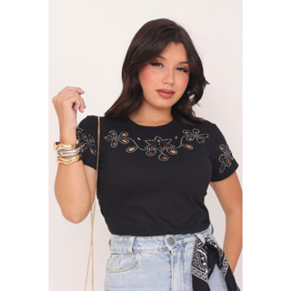 Blusa Feminina Luxo Moda Casual Tendencia Blogueira Estilosa 100% Algodão Premium Pedraria Brilho Strass Sexy Elegante em Oferta na Shopee