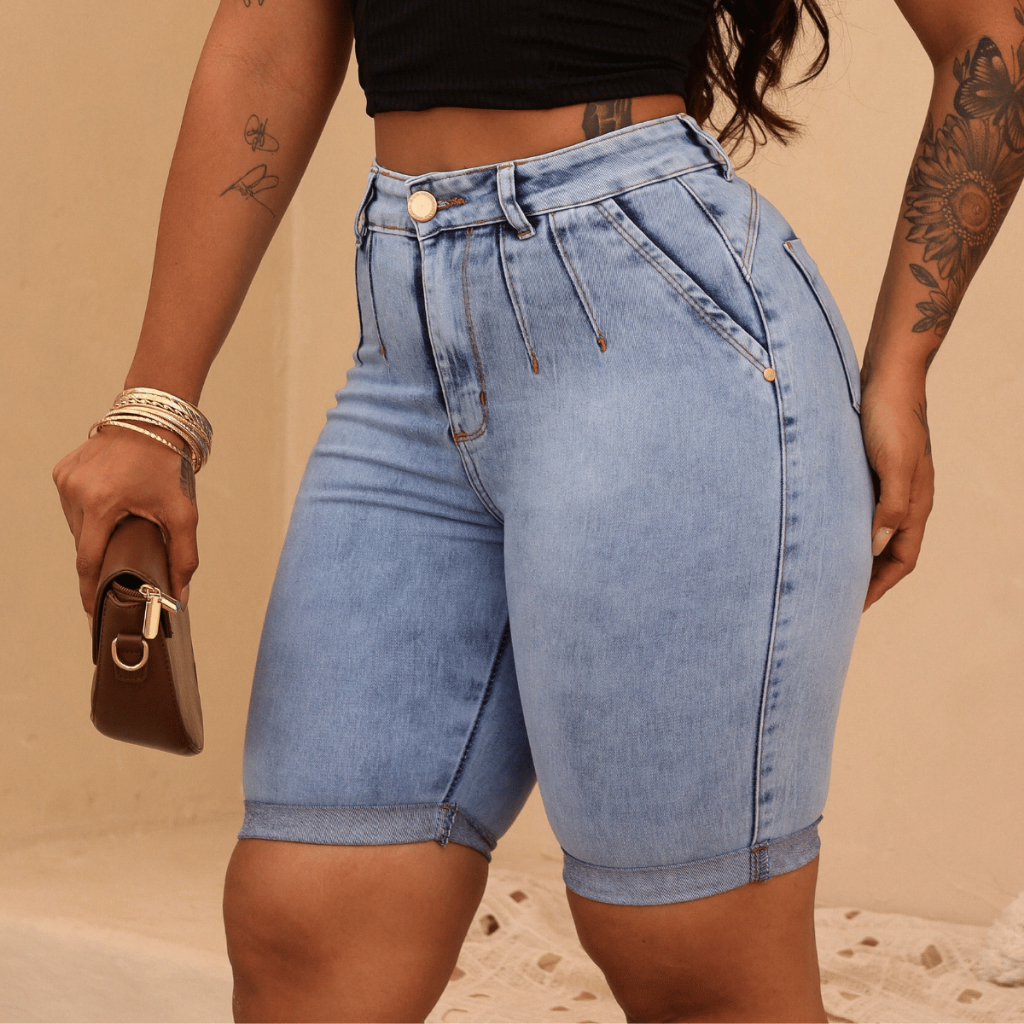 Bermuda Jeans Feminina Meia Coxa Com Vincos Cintura Alta Barra Dobrada Com Lycra em Oferta na Shopee