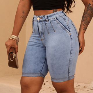 Bermuda Jeans Feminina Meia Coxa Com Vincos Cintura Alta Barra Dobrada Com Lycra em Oferta na Shopee