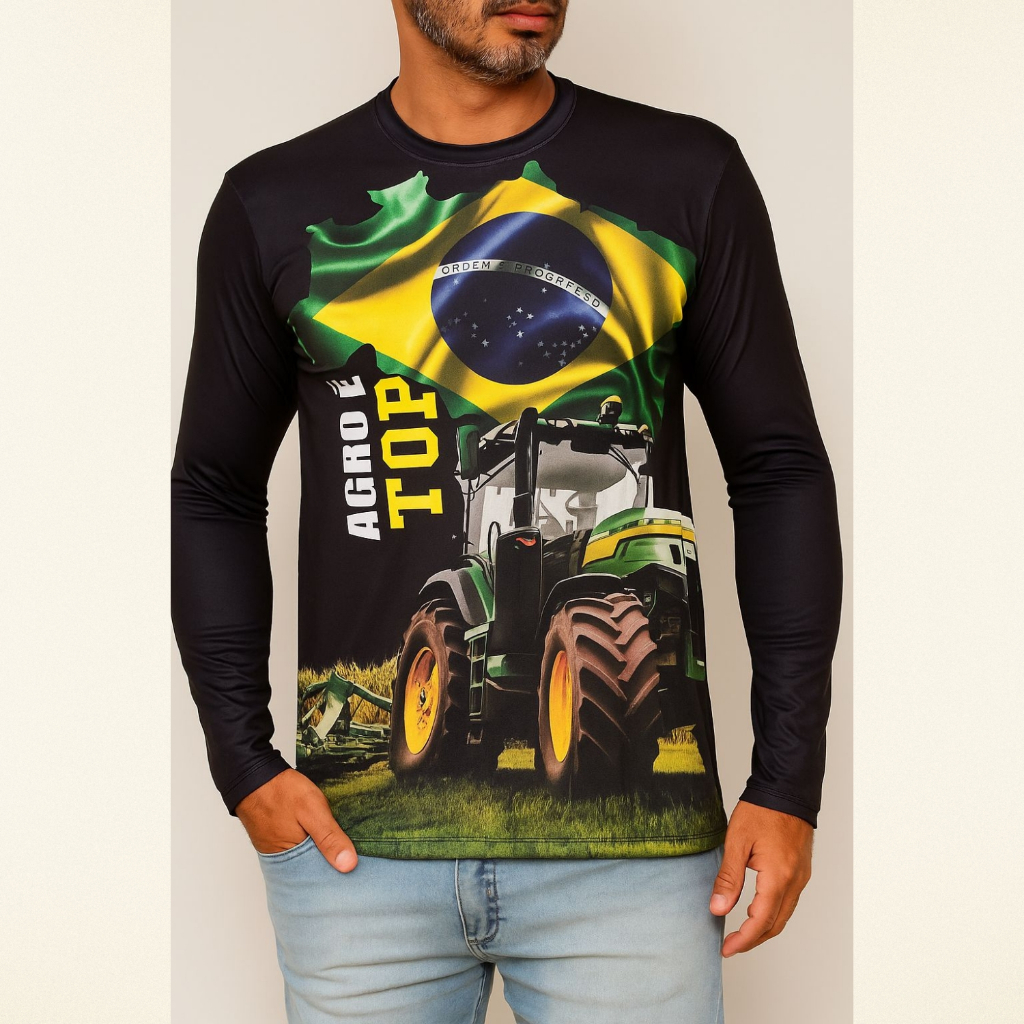 Camisa Camiseta do Agro Masculina UV Agropecuária Fazenda Bruto Trator Agricultura Brasil Blusa