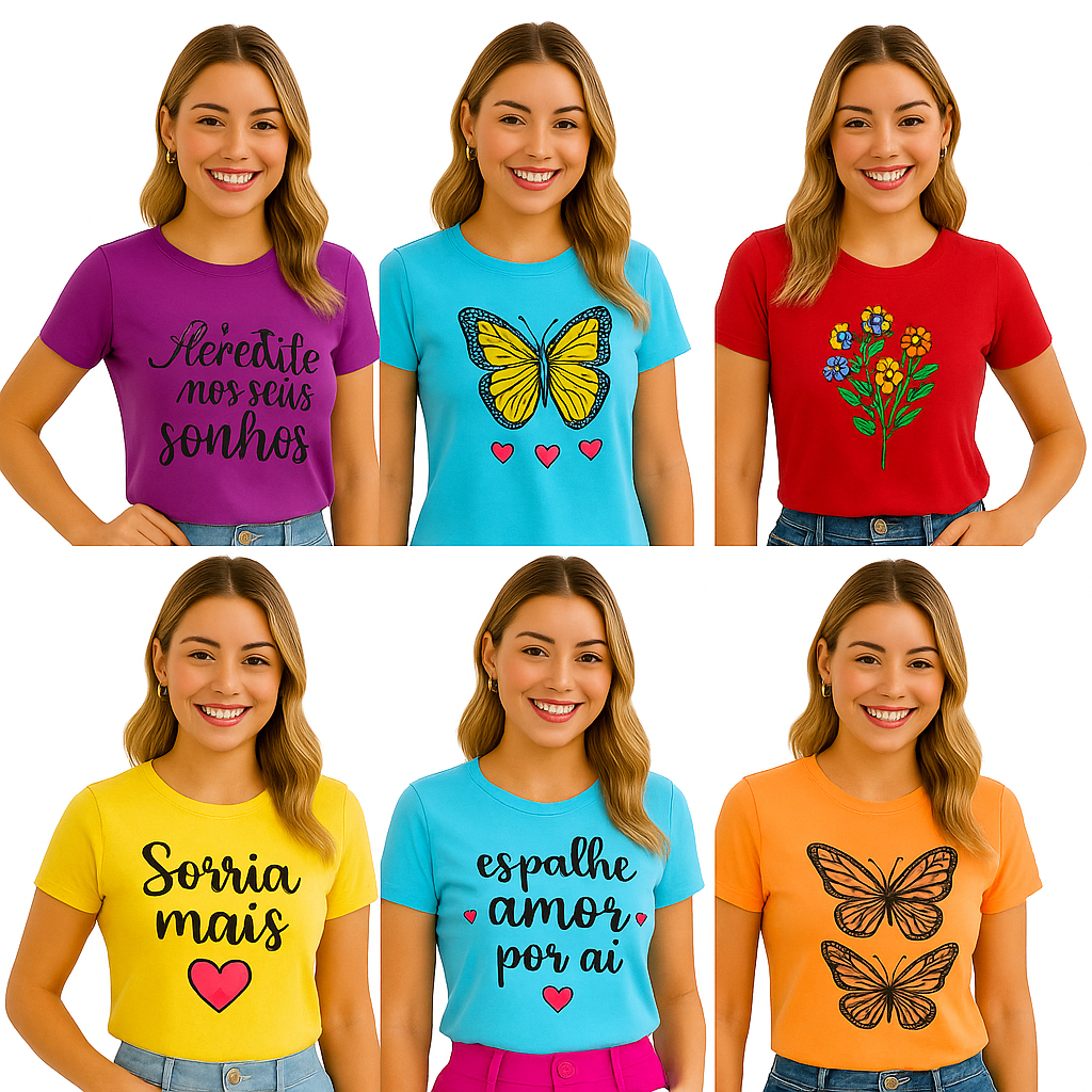 Kit Sortido 1 ou 2 Camiseta Feminina Casual Básica Estampas Sortidas Moda Verão Confortável e Versátil
