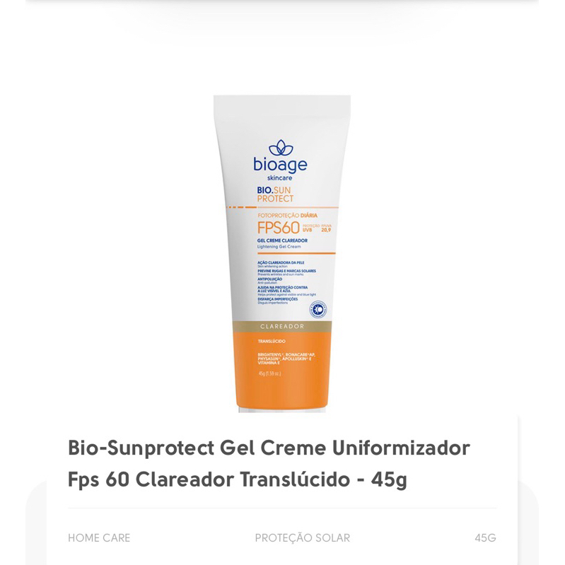 Bio-Sunprotect Gel Creme Uniformizador Fps 60 Clareador Translúcido - 45g