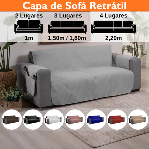 Capa de Sofá 2 3 4 Lugares Retrátil para 1,00 1,50 1,80 2,20m Protetor Matelada com Porta Objetos