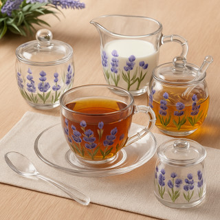 Açucareiro Meleira Manteigueira Leiteira Kit Mesa Posta | Estampa Lavanda | Vidro Luxo Lyor