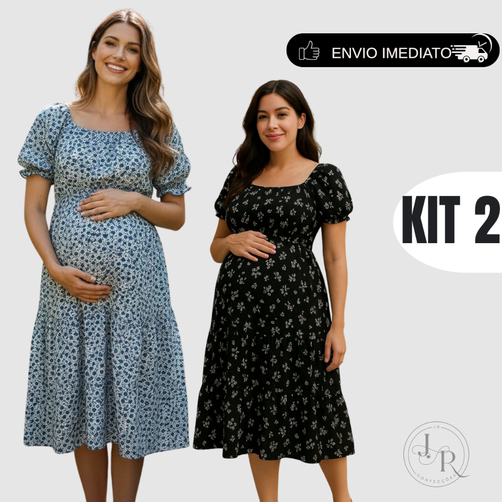 Kit 2 Vestidos Feminino Para Gestante Floral Estampado Elegante Midi Manga Curta Confortável Romântico em Oferta na Shopee