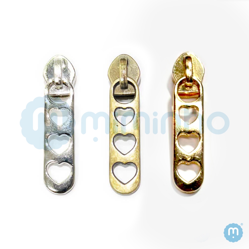 Cursor Para Zíper Nº 5 - Corações - PACOTE COM 5 ou 10 PÇS - Niquelado, Ouro Velho e Ouro Cataforético