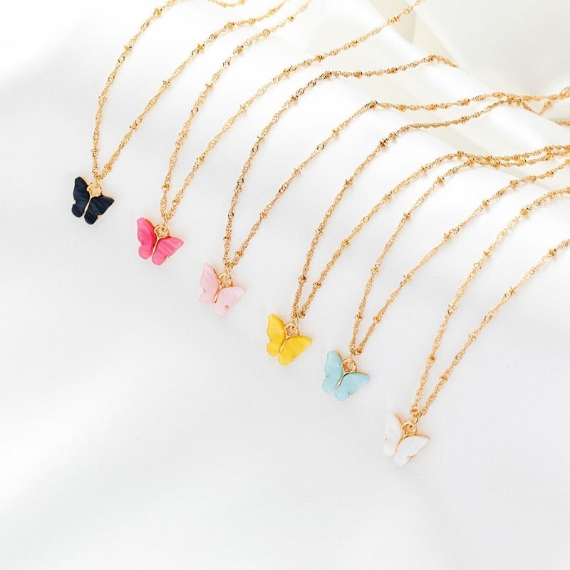 Colar com pingente de Borboleta/Gargantilha/Dourado/Elegantes/Vintage/moda coreana/Rosa/Azul/Amarelo/Verde/Rosa/Vermelho em Oferta na Shopee
