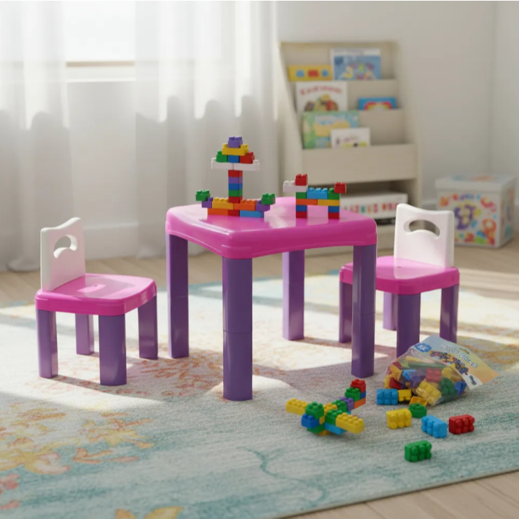Mesa Mesinha Infantil Com 2 Cadeira Menina c26 Blocos Peças De Montar Criança