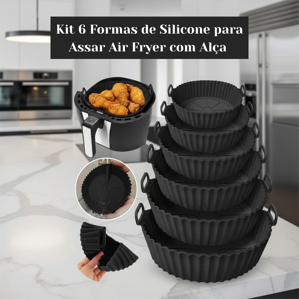Kit 6 Formas de Silicone para Assar Fritadeira Air Fryer com Alça Antiaderente Cozinha Resistente
