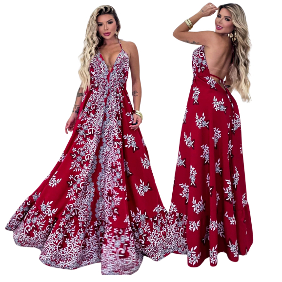Vestido Indiano Longo Estilo indiano Feminino Verão Elegante em Crepinho Tendência Moda Verão