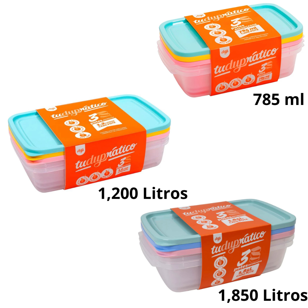 Kit 3 Potes Hermético 785ML/1,200/1,850 Litro cada Dup Marmita/Microondas/Freezer/Tapuer/Vasilha/BPA em Oferta na Shopee