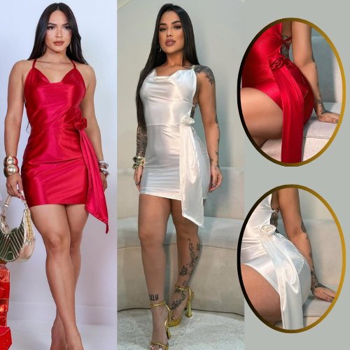 Vestido Feminino Curto Acetinado Sexy Assimétrico com Detalhe Em Flor Simples Drapeado Cost