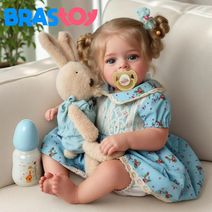 Bebê Reborn Menina Silicone 55cm Boneca Ohlo Azul com Acessórios Pode dar Banho Brastoy