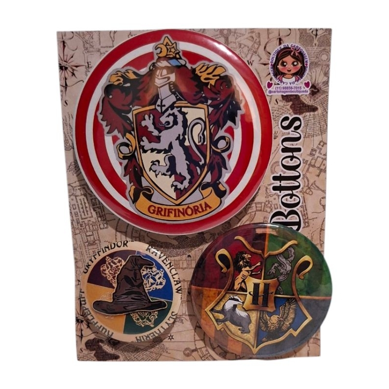 🪄 Kit 3 Bottons Harry Potter – Casas de Hogwarts (Grifinória, Sonserina, Corvinal, Lufa-Lufa)