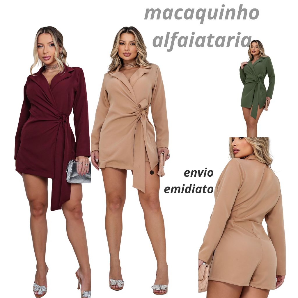 Macaquinho Manga Longa com Gola Blazer – Elegante, Acinturado, Tecido Alfaiataria Premium