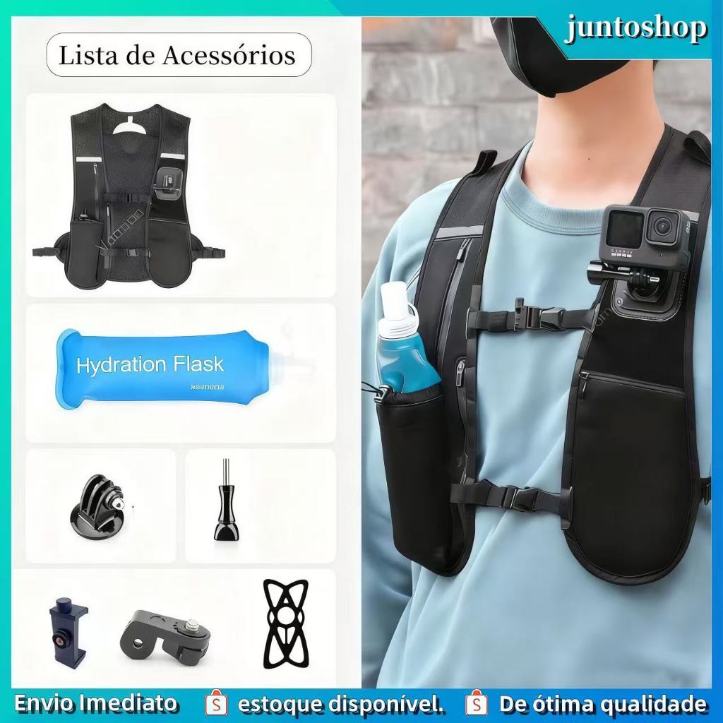 Colete Mochila Corrida Unissex Ajustável Leve Respirável, 7 Bolsos Reflexivo, Suporte Câmera Ação, Ciclismo