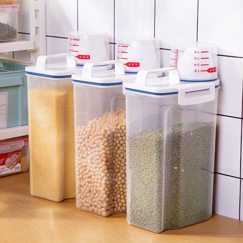 2PCS Pote Hermético 2.5L com Copo Medidor Bico Dosador Para Cozinha Arroz, Grãos, Produtos dempeza  Lie Ração Multiuso