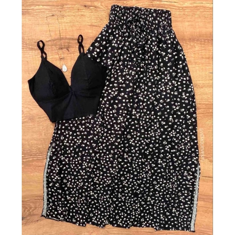 Saia Longa Estampa Floral Miúda – Moda Social / Evangélica Cintura Alta