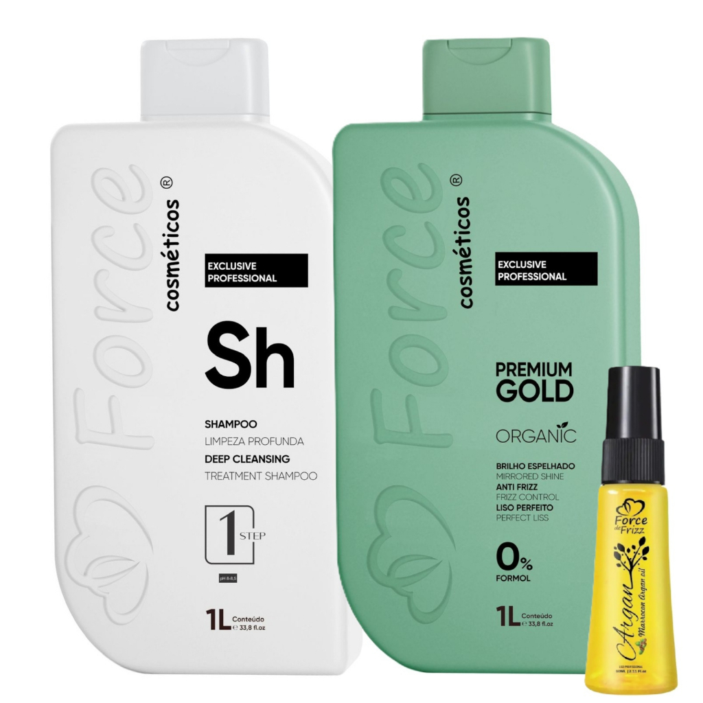Kit Escova Progressiva Profissional Premium Gold 100% Orgânica 1L + Oil Argan - Force Cosméticos