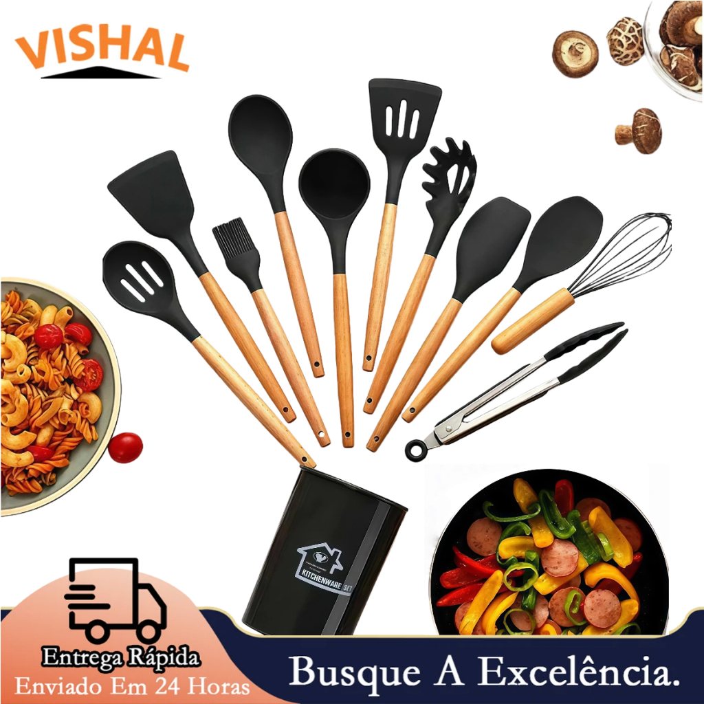Jogo de 12 Peças de Utensílios de Cozinha em Silicone | Antiaderente, Resistente ao Calor até 220°C Espátulas e Colheres em Oferta na Shopee