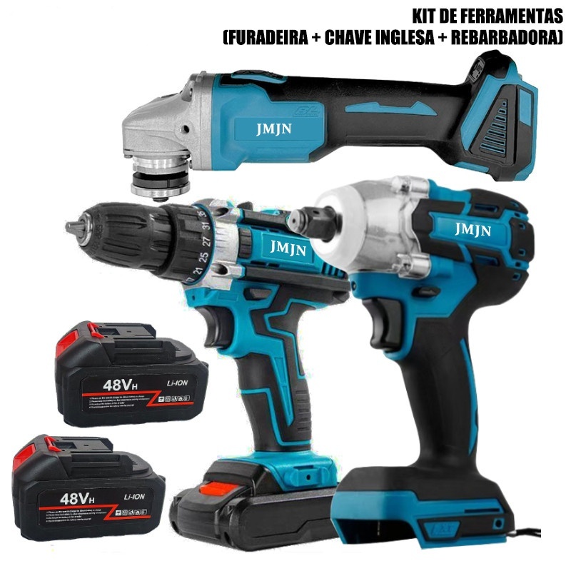 Kit 3 em 1 Ferramentas 48V com 2 Baterias – Furadeira Parafusadeira Chave de Impacto e Esmerilhadeira Sem Fio em Oferta na Shopee