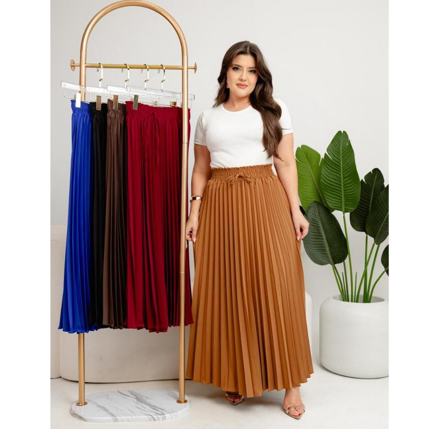 Saia Plissada Longa Evangélica Elegante Cintura Alta  Lisa CREPE