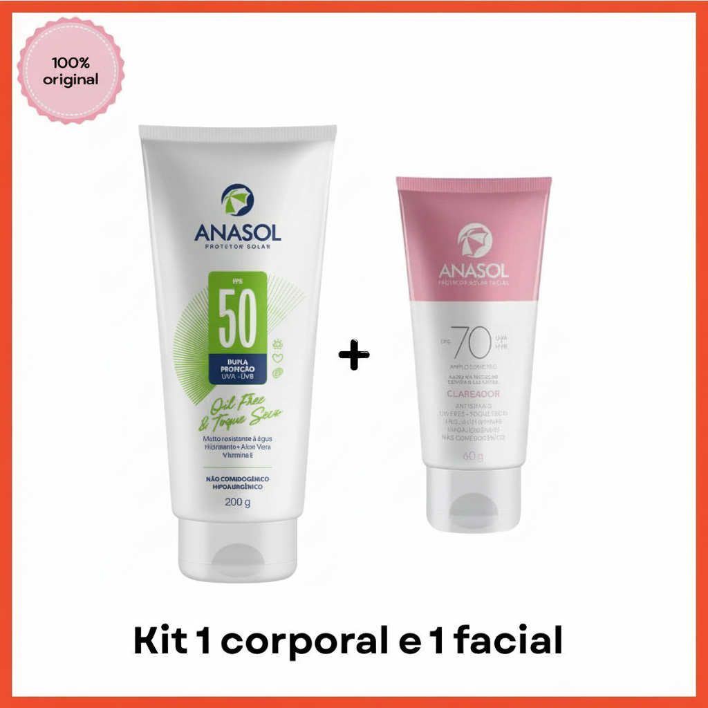 Kit Anasol Protetor Corporal FPS 50 200g  + Anasol Protetor Facial FPS 70 Clareador 60g Vegano