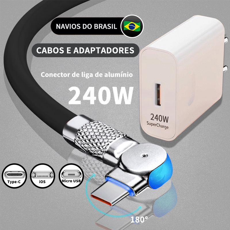 Cabo de dados giratório em 180° + carregador de duas portas de 280 W.  Cabo de dados com interfaces Tipo C/Micro USB/iP.