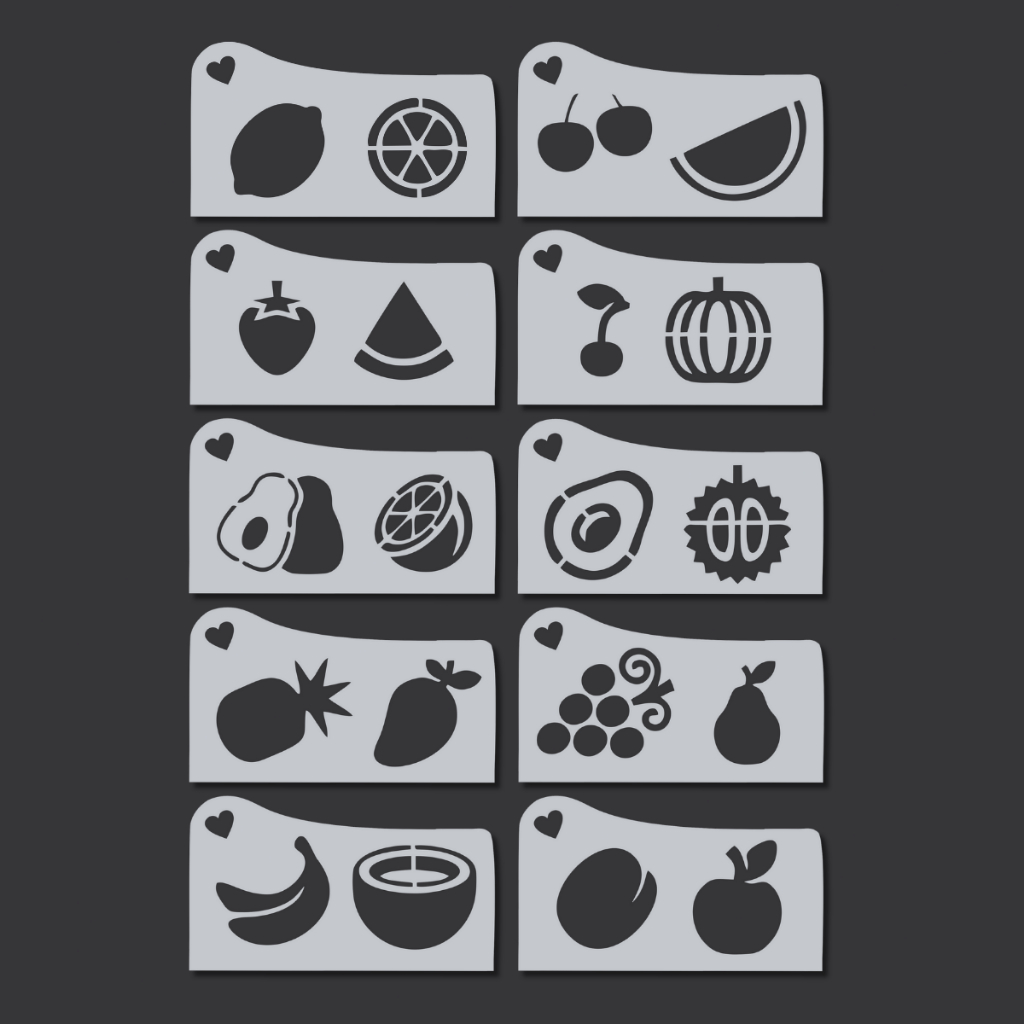 Kit Stencil Moldes Frutinhas Frutas Abacaxi Morango Uva Banana Tam. 7 x 12 cm p/ Pintura Artesanato Parede Tecido