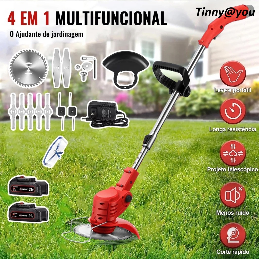 Aparador de Grama Elétrica a Bateria 21V com 2 Baterias e Kit de Lâminas Jardim TINNY YOU