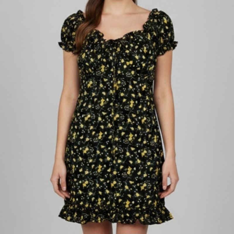 Vestido floral preto camponesa P | Atena