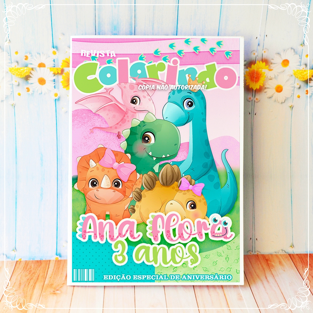 15 Revista Mini Pequena Personalizada Lembrancinha Festa Infantil Dinossauro Rosa 10x14cm
