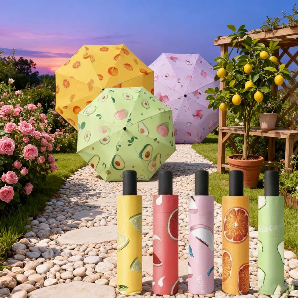 Guarda-chuva dobrável para sol e chuva com proteção UV - Estampa de frutas fofa！