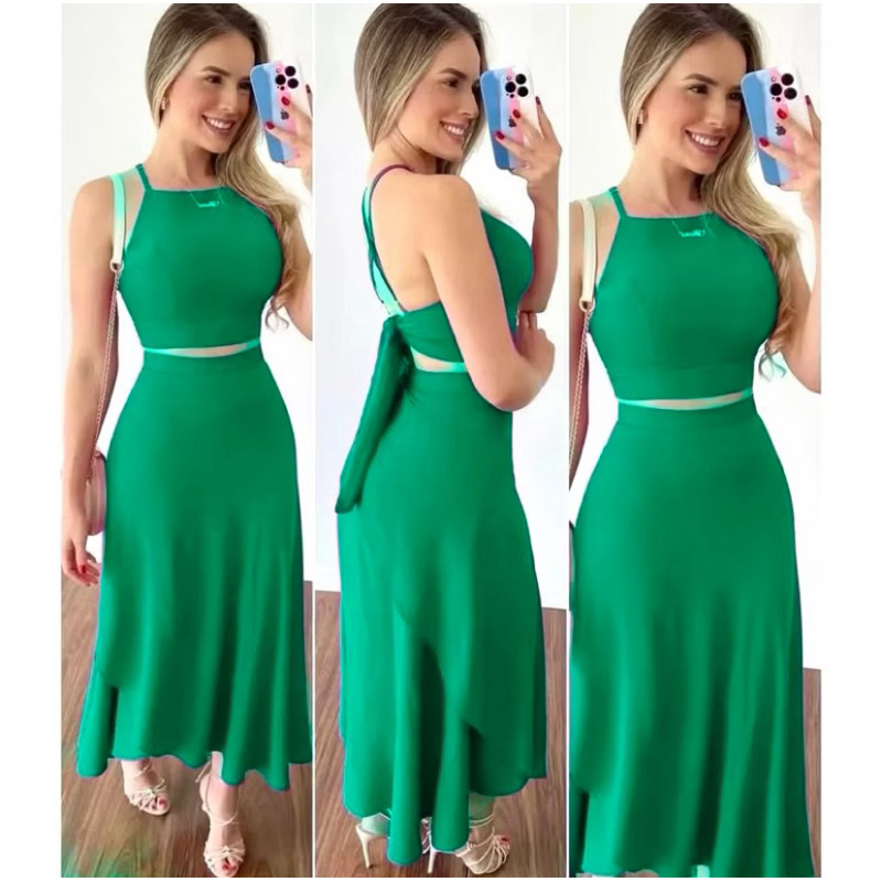conjunto cropped e saia midi envelope