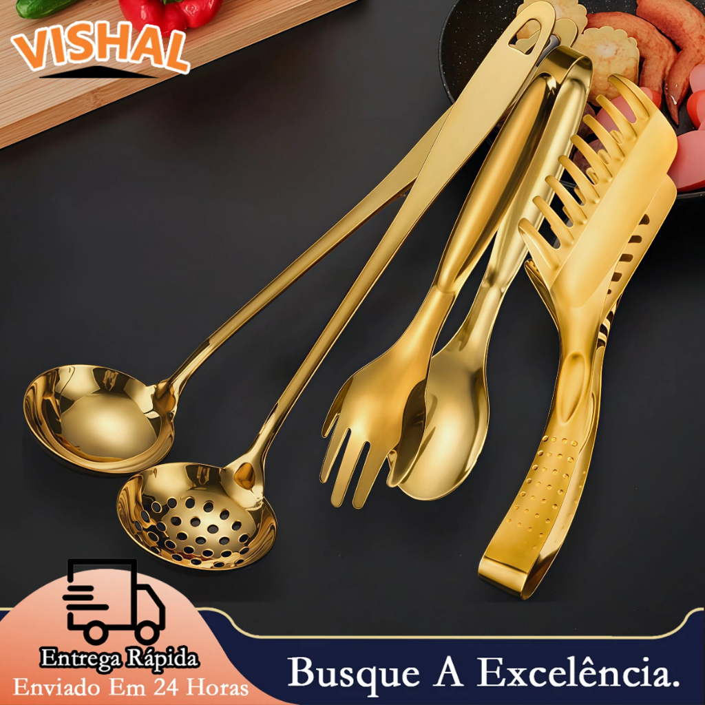 Talheres Kit 4 De Aço Inox Servindo Utensílios Dourado Conjunto Colher de Sopa Na Cozinha ...