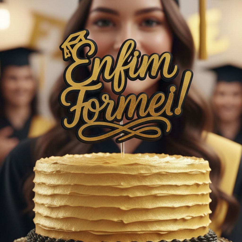 Topo de Bolo Formatura Enfim Formei | Papel Laminado em Camadas | 15cm | Dourado | Prata | Rosa em Oferta na Shopee