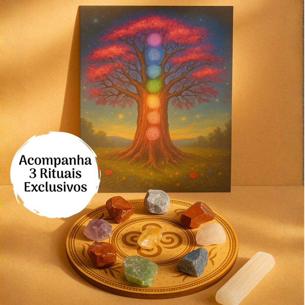 Imagem Kit Ritual dos Chakras com Pedras Naturais + Selenita + Quadro Energético 20x28cm + 3 Rituais Meditação