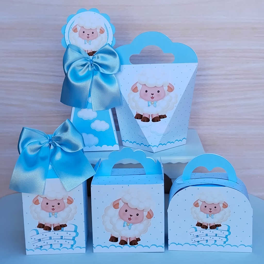 KIT FESTA PEGUE/MONTE Personalizado OVELHINHA AZUL. Chá de bebê, caixinha, lembrancinha, decoração de festa infantil.